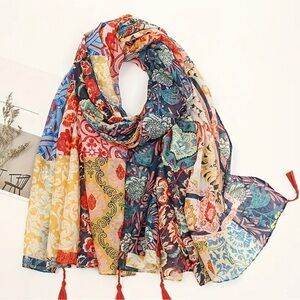Bohemian silky sheer colorful scarf, red tassels